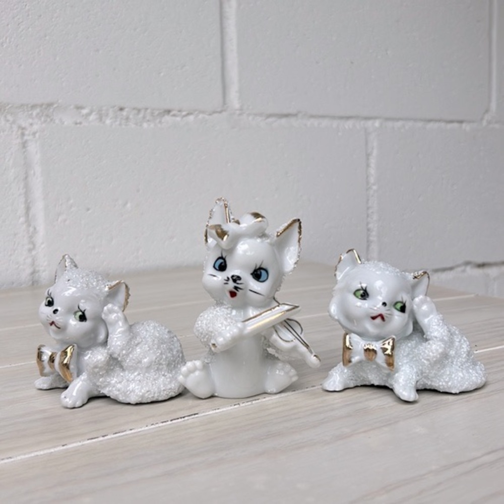 Vintage Trio 😸 Spaghetti Salt Glaze Ceramic Whimsical Kitty Cat Set of Three